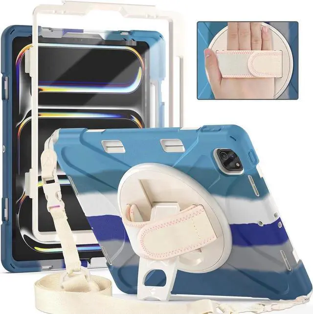 Main image of Case for iPad Pro 11-inch (2024) M4 Chip Model A2836 Heavy Duty Rugged Durability Silicone Tablet Cover with 360° Rotating Hand Strap Foldable Hidden Stand & Shoulder Strap, Colorful Blue