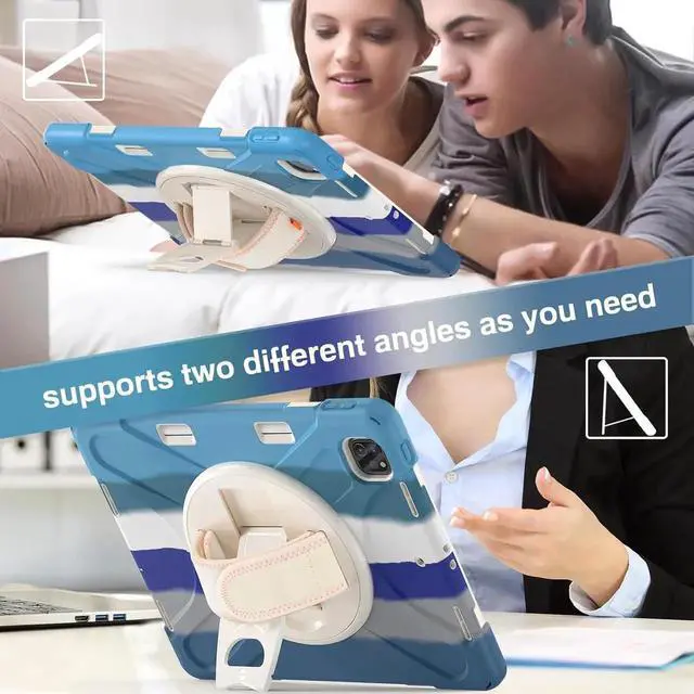 Alt view image 6 of 7 - Case for iPad Pro 11-inch (2024) M4 Chip Model A2836 Heavy Duty Rugged Durability Silicone Tablet Cover with 360° Rotating Hand Strap Foldable Hidden Stand & Shoulder Strap, Colorful Blue