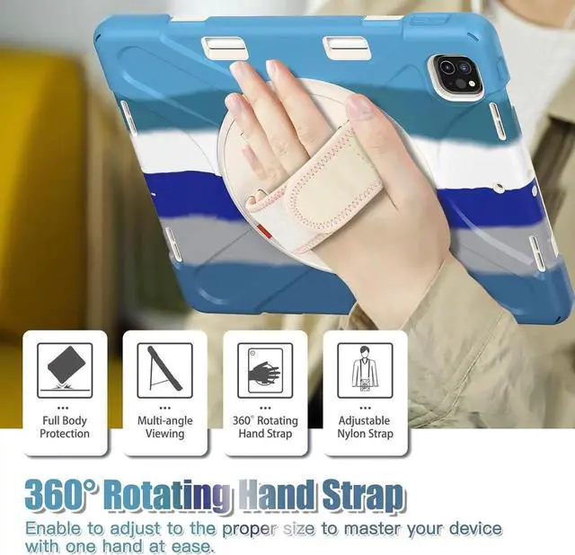 Alt view image 7 of 7 - Case for iPad Pro 11-inch (2024) M4 Chip Model A2836 Heavy Duty Rugged Durability Silicone Tablet Cover with 360° Rotating Hand Strap Foldable Hidden Stand & Shoulder Strap, Colorful Blue