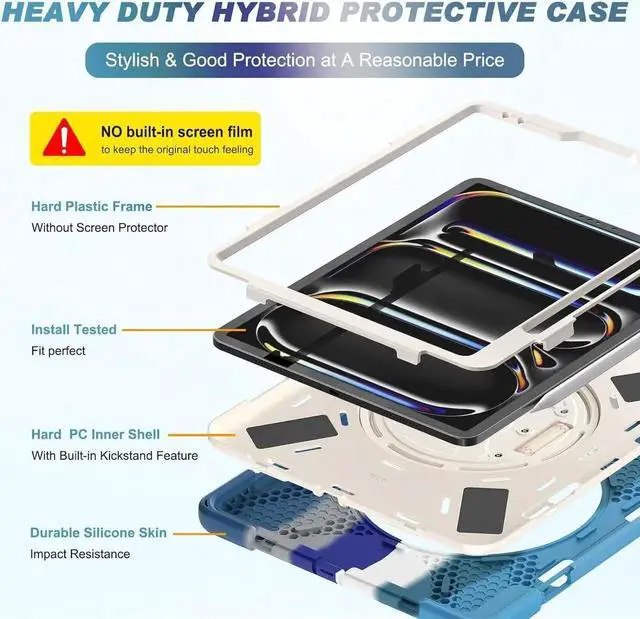 Alt view image 3 of 7 - Case for iPad Pro 11-inch (2024) M4 Chip Model A2836 Heavy Duty Rugged Durability Silicone Tablet Cover with 360° Rotating Hand Strap Foldable Hidden Stand & Shoulder Strap, Colorful Blue