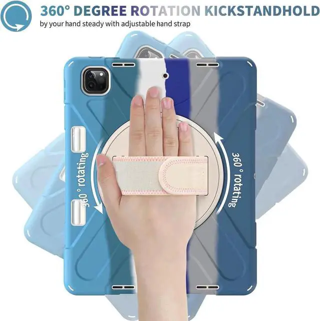 Alt view image 2 of 7 - Case for iPad Pro 11-inch (2024) M4 Chip Model A2836 Heavy Duty Rugged Durability Silicone Tablet Cover with 360° Rotating Hand Strap Foldable Hidden Stand & Shoulder Strap, Colorful Blue