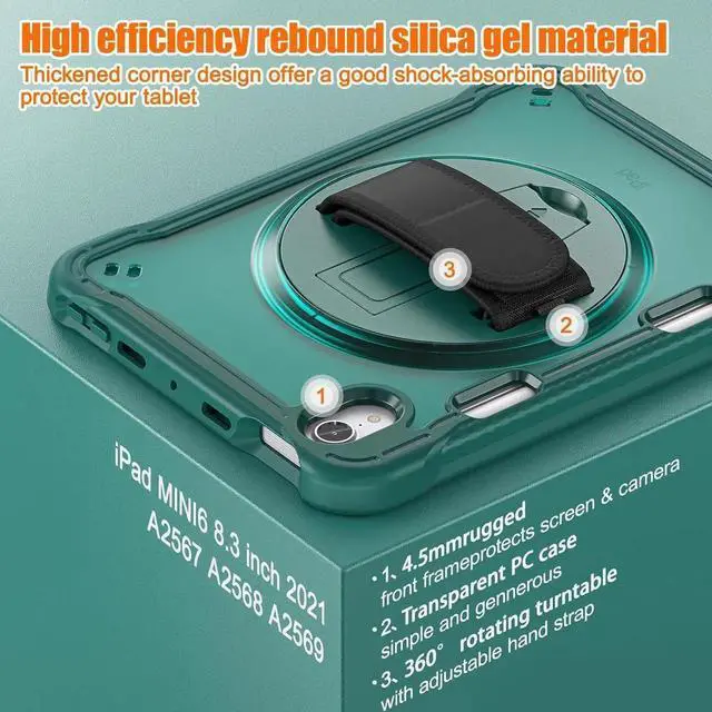 Alt view image 3 of 7 - JAENFONG Case for iPad Mini 6 8.3 Inch 2021 with Pencil Holder Heavy Duty Rugged Shockproof Tablet Cover with 360° Rotating Hand Strap Foldable Hidden Stand & Shoulder Strap, Teal