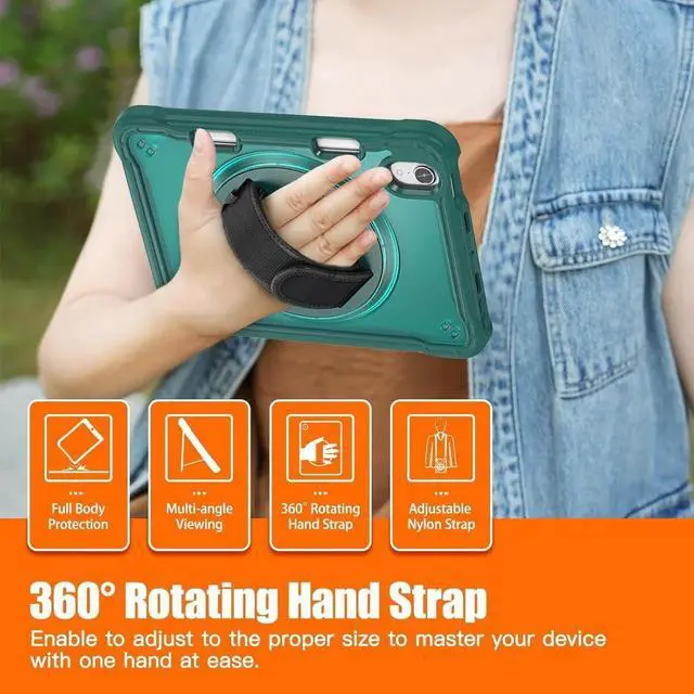 Alt view image 6 of 7 - JAENFONG Case for iPad Mini 6 8.3 Inch 2021 with Pencil Holder Heavy Duty Rugged Shockproof Tablet Cover with 360° Rotating Hand Strap Foldable Hidden Stand & Shoulder Strap, Teal
