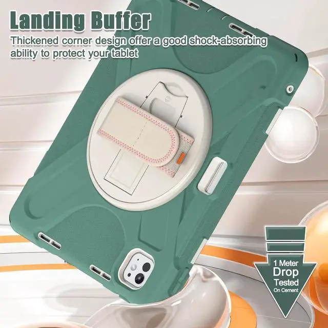 Alt view image 7 of 7 - Case for iPad Pro 11-inch (2024) M4 Chip Model A2836 Heavy Duty Rugged Durability Silicone Tablet Cover with 360° Rotating Hand Strap Foldable Hidden Stand & Shoulder Strap, Sea Green