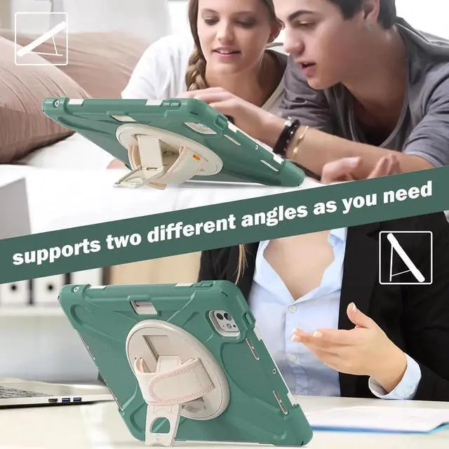 Alt view image 2 of 7 - Case for iPad Pro 11-inch (2024) M4 Chip Model A2836 Heavy Duty Rugged Durability Silicone Tablet Cover with 360° Rotating Hand Strap Foldable Hidden Stand & Shoulder Strap, Sea Green