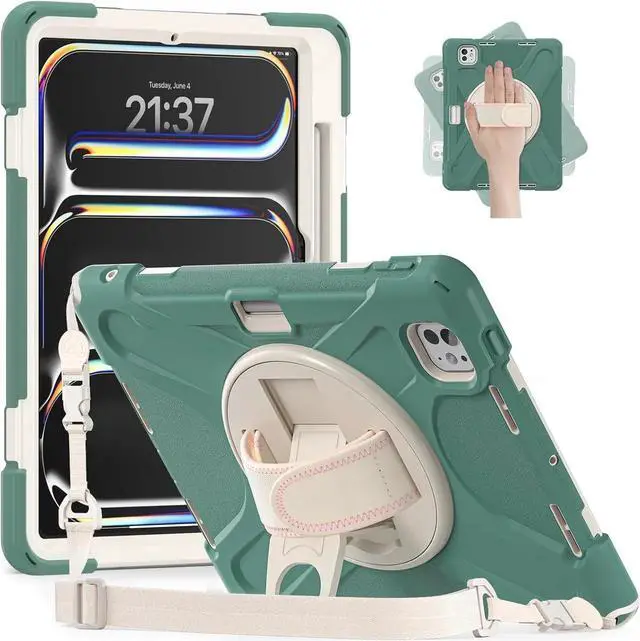 Main image of Case for iPad Pro 11-inch (2024) M4 Chip Model A2836 Heavy Duty Rugged Durability Silicone Tablet Cover with 360° Rotating Hand Strap Foldable Hidden Stand & Shoulder Strap, Sea Green