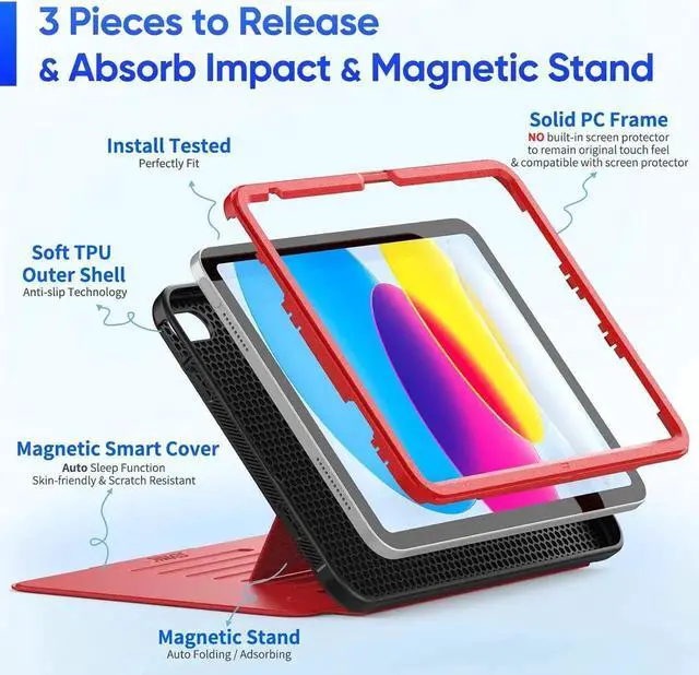 Alt view image 6 of 6 - JAENFONG Pad 10th Generation Case 10.9'', Strong Magnetic Auto Sleep Shockproof Case with Absorbing Multi-Angles Stand, Pen Holder, Card Slot for Pad 10.9 Inch 2022 (Red)