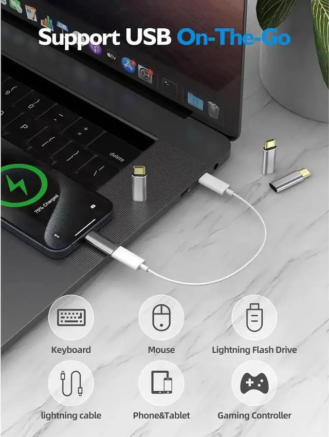 Alt view image 4 of 7 - Lightning to USB C Adapter 2Pack- Support Fast Charging Data Transfer OTG - USB Type C Adapter Compatible with iPhone 16 15 Plus Pro Max AirPods 4 Pro 2 Galaxy S24 Pixel 9 Pura70 Pro