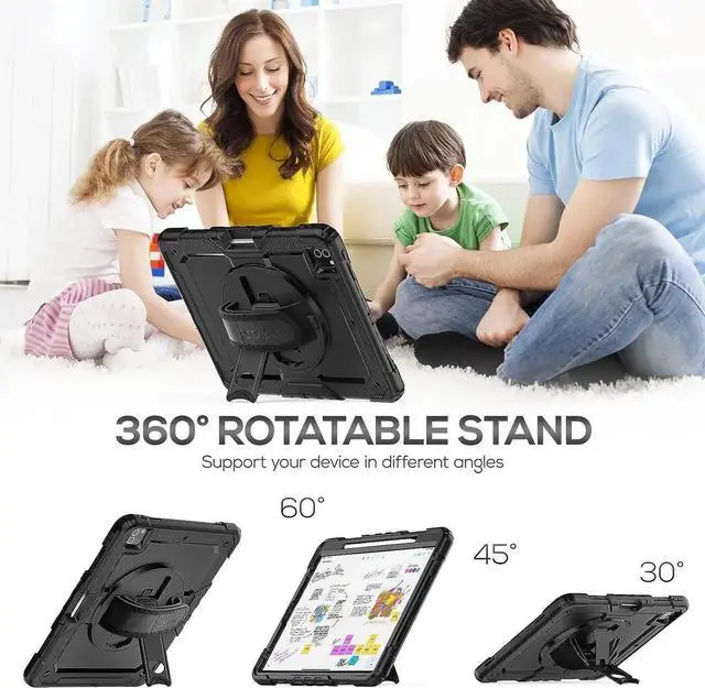 Alt view image 7 of 7 - JAENFONG iPad Pro 12.9 Case 2022/2021/ 2020/2018, Heavy Duty Protection Shockproof Case with Screen Protector, 360° Rotating Stand/Handle/Shoulder Strap, Supports Pencil 2 Charging, Black