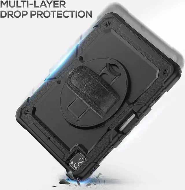 Alt view image 3 of 7 - JAENFONG iPad Pro 12.9 Case 2022/2021/ 2020/2018, Heavy Duty Protection Shockproof Case with Screen Protector, 360° Rotating Stand/Handle/Shoulder Strap, Supports Pencil 2 Charging, Black