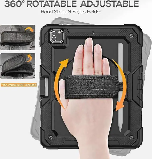 Alt view image 5 of 7 - JAENFONG iPad Pro 12.9 Case 2022/2021/ 2020/2018, Heavy Duty Protection Shockproof Case with Screen Protector, 360° Rotating Stand/Handle/Shoulder Strap, Supports Pencil 2 Charging, Black