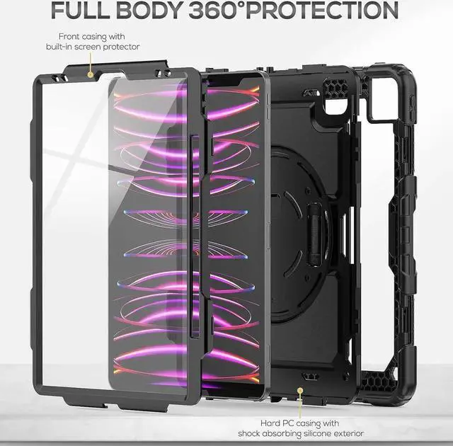 Alt view image 6 of 7 - JAENFONG iPad Pro 12.9 Case 2022/2021/ 2020/2018, Heavy Duty Protection Shockproof Case with Screen Protector, 360° Rotating Stand/Handle/Shoulder Strap, Supports Pencil 2 Charging, Black