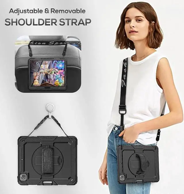 Alt view image 4 of 7 - JAENFONG iPad Pro 12.9 Case 2022/2021/ 2020/2018, Heavy Duty Protection Shockproof Case with Screen Protector, 360° Rotating Stand/Handle/Shoulder Strap, Supports Pencil 2 Charging, Black