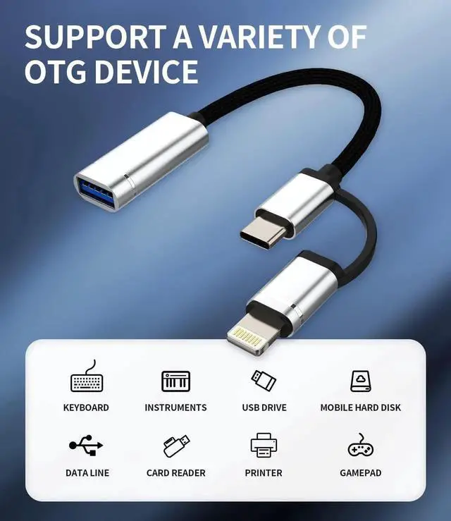 Alt view image 3 of 7 - OTG Cable Adapter(2in1) USB 3.0 Female to USB C Lightning Male Converter Type Thunderbolt Port Cord Dongle Camera Mouse Compatible for LG iPhone 15 Pro Max iPad Air 14 13 11 12 X 8