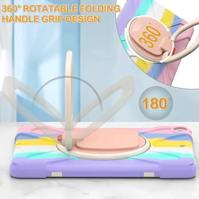 Alt view image 3 of 7 - New iPad 10.2 Case for 2021 iPad 9th Generation, Shockproof Protective Silicone Cover with Pencil Holder &Rotating Handle Grip &Shoulder Strap for iPad 9th/8th/7th Generation, Colourful Pink