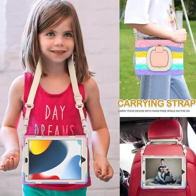 Alt view image 5 of 7 - New iPad 10.2 Case for 2021 iPad 9th Generation, Shockproof Protective Silicone Cover with Pencil Holder &Rotating Handle Grip &Shoulder Strap for iPad 9th/8th/7th Generation, Colourful Pink