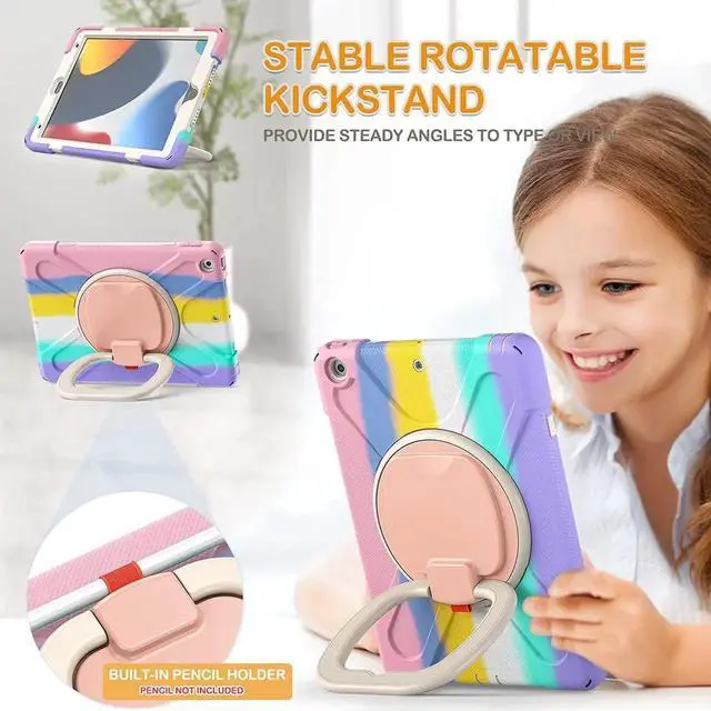 Alt view image 4 of 7 - New iPad 10.2 Case for 2021 iPad 9th Generation, Shockproof Protective Silicone Cover with Pencil Holder &Rotating Handle Grip &Shoulder Strap for iPad 9th/8th/7th Generation, Colourful Pink