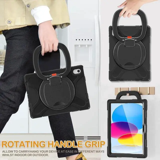 Alt view image 4 of 7 - iPad 10th Generation 2022 Case A2696 A2757 A2777, Protective Silicone iPad 10th Generation Case 10.9\u201d with Screen Protector/Swivel Ring Stand/Stable Kickstand/Handle Grip/Shoulder Strap, Black