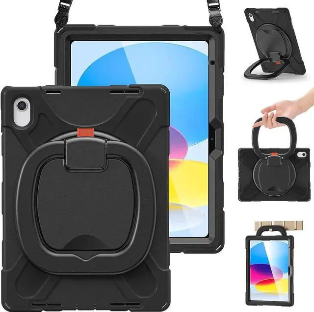 Main image of iPad 10th Generation 2022 Case A2696 A2757 A2777, Protective Silicone iPad 10th Generation Case 10.9\u201d with Screen Protector/Swivel Ring Stand/Stable Kickstand/Handle Grip/Shoulder Strap, Black