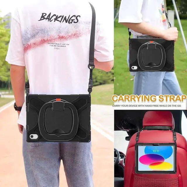 Alt view image 5 of 7 - iPad 10th Generation 2022 Case A2696 A2757 A2777, Protective Silicone iPad 10th Generation Case 10.9\u201d with Screen Protector/Swivel Ring Stand/Stable Kickstand/Handle Grip/Shoulder Strap, Black