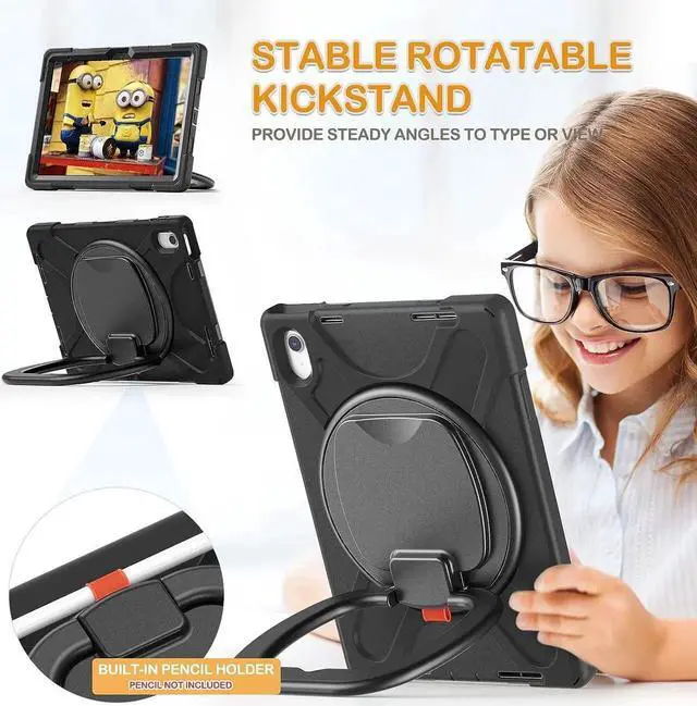 Alt view image 3 of 7 - iPad 10th Generation 2022 Case A2696 A2757 A2777, Protective Silicone iPad 10th Generation Case 10.9\u201d with Screen Protector/Swivel Ring Stand/Stable Kickstand/Handle Grip/Shoulder Strap, Black