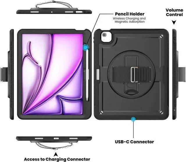 Alt view image 6 of 7 - Case for iPad Air 13 Inch M2 2024 (Model: A2898, A2899, A2900) with Screen Protector, 360° Rotating Kickstand, Adjustable Shoulder Strap, Precise Cutouts, Pencil Holder, Black