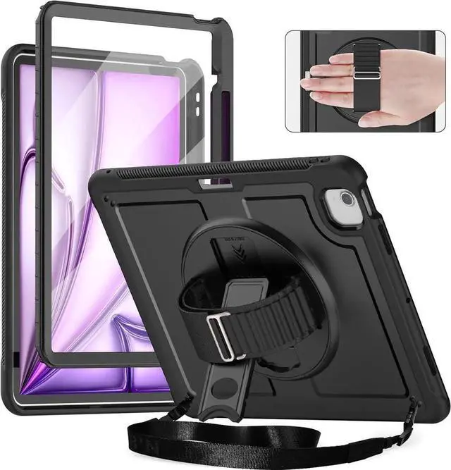 Main image of Case for iPad Air 13 Inch M2 2024 (Model: A2898, A2899, A2900) with Screen Protector, 360° Rotating Kickstand, Adjustable Shoulder Strap, Precise Cutouts, Pencil Holder, Black