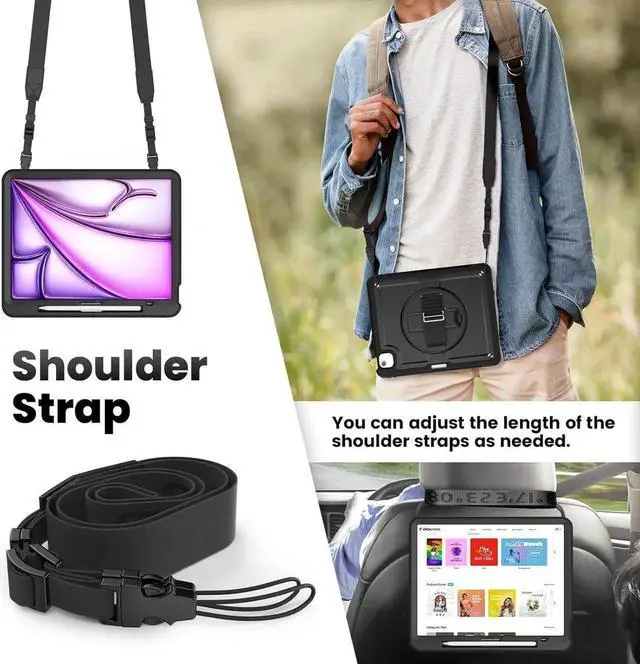 Alt view image 3 of 7 - Case for iPad Air 13 Inch M2 2024 (Model: A2898, A2899, A2900) with Screen Protector, 360° Rotating Kickstand, Adjustable Shoulder Strap, Precise Cutouts, Pencil Holder, Black