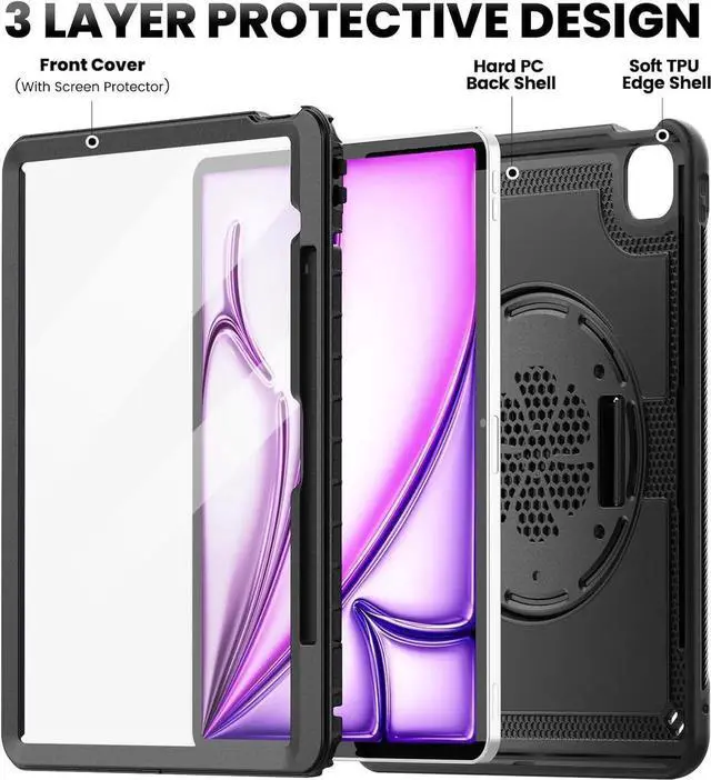 Alt view image 5 of 7 - Case for iPad Air 13 Inch M2 2024 (Model: A2898, A2899, A2900) with Screen Protector, 360° Rotating Kickstand, Adjustable Shoulder Strap, Precise Cutouts, Pencil Holder, Black