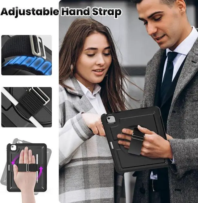 Alt view image 7 of 7 - Case for iPad Air 13 Inch M2 2024 (Model: A2898, A2899, A2900) with Screen Protector, 360° Rotating Kickstand, Adjustable Shoulder Strap, Precise Cutouts, Pencil Holder, Black