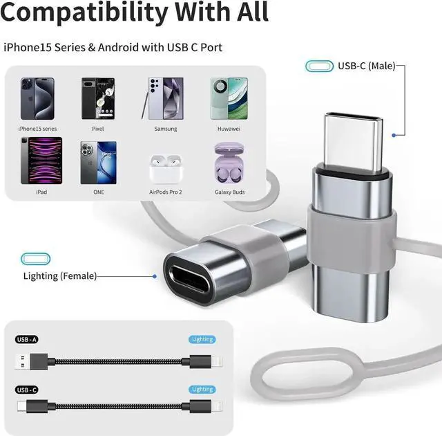 Alt view image 5 of 7 - 2 Pack Lightning to USB C Adapter for iPhone 15/16/16 Pro Max/Plus S24 Support Charging Type C Charger Connector Cable Lightning Female to USB C Male Adapter Not for Audio Gray