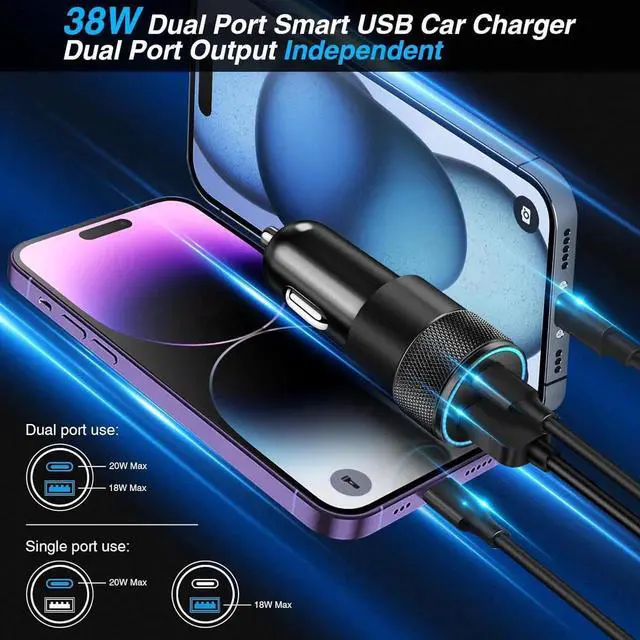 Alt view image 7 of 7 - USB C Car Charger 2 Pack 38W Dual Ports USB-C & USB-A Car Charger Adapter Fast Charging Cigarette Lighter Chargers for iPhone16e 16 15 14 13 S24 Pixel Cargador para Carro Phone Plug