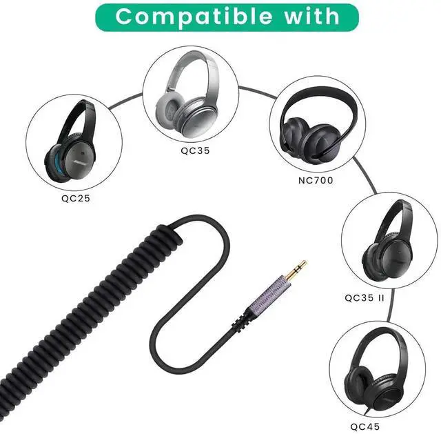 Alt view image 2 of 7 - Coiled Audio Cable Compatible with QuietComfort Ultra QC45 / QC35 / QC25 / NC700 Headphones 2.5mm to 3.5mm(1/8) Extension Aux Cord 4ft to 14ft