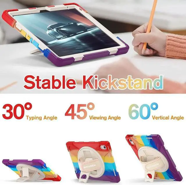 Alt view image 6 of 7 - iPad 10th Generation Case Kids 2022, Heavy Duty Rugged Case with Screen Protector,Pencil Holder,Pencil Cap Holder,Hand Strap,Kickstand,Shoulder Strap for iPad 10 Gen 10.9 inch -Colorful Red