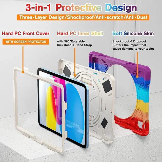 Alt view image 3 of 7 - iPad 10th Generation Case Kids 2022, Heavy Duty Rugged Case with Screen Protector,Pencil Holder,Pencil Cap Holder,Hand Strap,Kickstand,Shoulder Strap for iPad 10 Gen 10.9 inch -Colorful Red