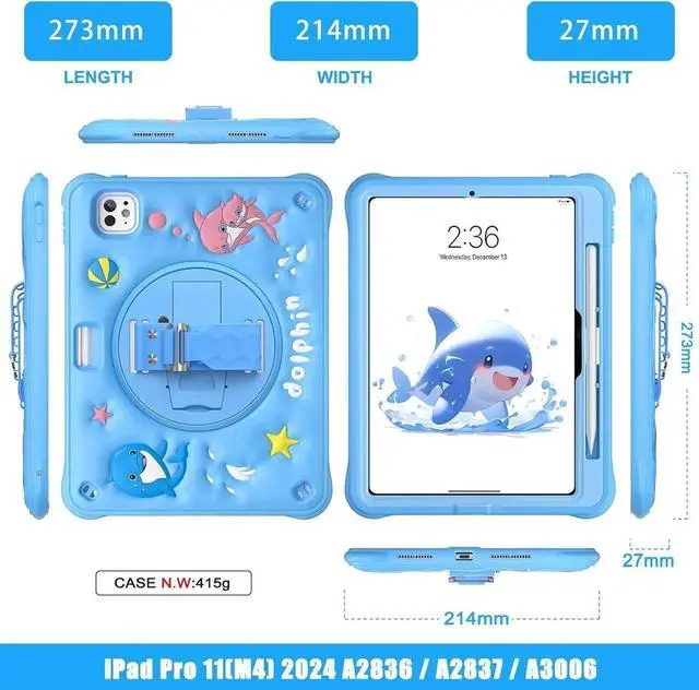 Alt view image 4 of 7 - JAENFONG Kids Case for iPad Air 11 inch 2024 Air 5th Adorable 3D Duck Design Silicone Durable Multi-Layer Protection, 360° Rotating Hand Strap and Kickstand, Built-in Pen Slot, Safe and Fun Use