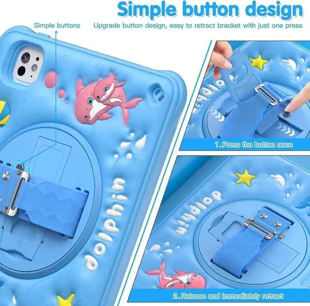 Alt view image 5 of 7 - JAENFONG Kids Case for iPad Air 11 inch 2024 Air 5th Adorable 3D Duck Design Silicone Durable Multi-Layer Protection, 360° Rotating Hand Strap and Kickstand, Built-in Pen Slot, Safe and Fun Use