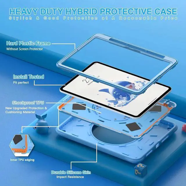 Alt view image 6 of 7 - JAENFONG Kids Case for iPad Air 11 inch 2024 Air 5th Adorable 3D Duck Design Silicone Durable Multi-Layer Protection, 360° Rotating Hand Strap and Kickstand, Built-in Pen Slot, Safe and Fun Use