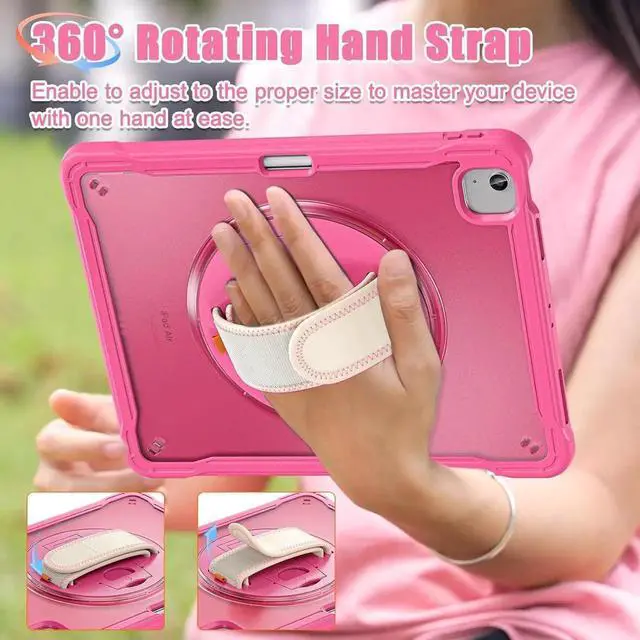 Alt view image 6 of 6 - JAENFONG iPad Air 13 inch Case 2024 M2 Chip Dual-Layer Protective Tablet Cover,Lightweight Durable,Shock-Absorbing Corners with 360° Rotating Hand Strap and Hidden Kickstand & Shoulder Strap, Pink