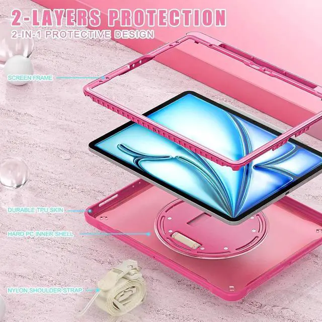 Alt view image 4 of 6 - JAENFONG iPad Air 13 inch Case 2024 M2 Chip Dual-Layer Protective Tablet Cover,Lightweight Durable,Shock-Absorbing Corners with 360° Rotating Hand Strap and Hidden Kickstand & Shoulder Strap, Pink