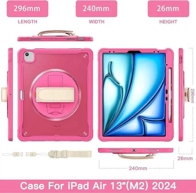 Alt view image 3 of 6 - JAENFONG iPad Air 13 inch Case 2024 M2 Chip Dual-Layer Protective Tablet Cover,Lightweight Durable,Shock-Absorbing Corners with 360° Rotating Hand Strap and Hidden Kickstand & Shoulder Strap, Pink