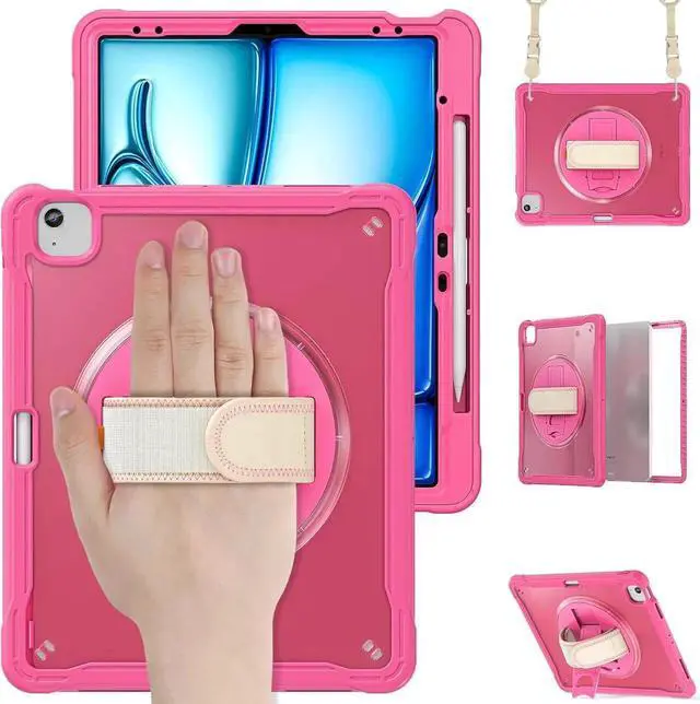 Main image of JAENFONG iPad Air 13 inch Case 2024 M2 Chip Dual-Layer Protective Tablet Cover,Lightweight Durable,Shock-Absorbing Corners with 360° Rotating Hand Strap and Hidden Kickstand & Shoulder Strap, Pink