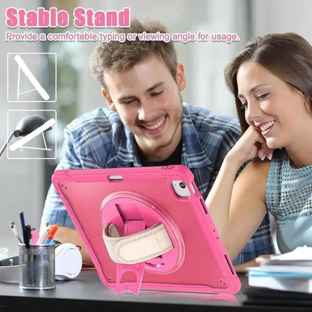 Alt view image 2 of 6 - JAENFONG iPad Air 13 inch Case 2024 M2 Chip Dual-Layer Protective Tablet Cover,Lightweight Durable,Shock-Absorbing Corners with 360° Rotating Hand Strap and Hidden Kickstand & Shoulder Strap, Pink