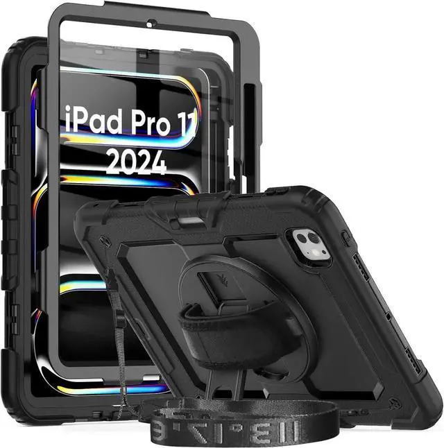 Main image of iPad Pro 11 Inch Case 2024 with Screen Protector Pen Holder | iPad Pro 11 5th Generation Case | Three Layer Shockproof Defender Protective Cover W/Stand Hand Strap for iPad A2836/A2837 | Black