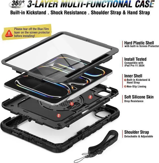 Alt view image 4 of 5 - iPad Pro 11 Inch Case 2024 with Screen Protector Pen Holder | iPad Pro 11 5th Generation Case | Three Layer Shockproof Defender Protective Cover W/Stand Hand Strap for iPad A2836/A2837 | Black