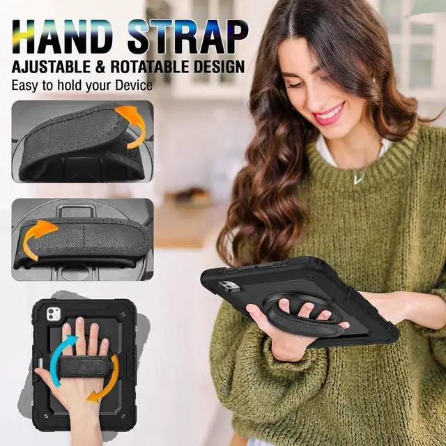 Alt view image 5 of 5 - iPad Pro 11 Inch Case 2024 with Screen Protector Pen Holder | iPad Pro 11 5th Generation Case | Three Layer Shockproof Defender Protective Cover W/Stand Hand Strap for iPad A2836/A2837 | Black