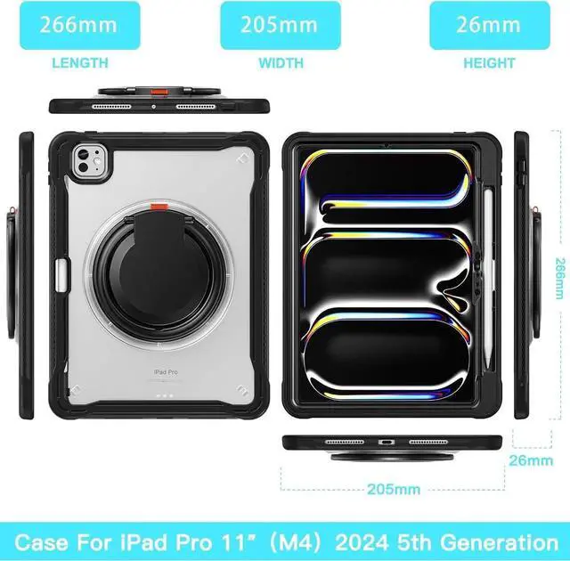 Alt view image 3 of 7 - iPad Pro 11 inch Case 2024 M4 Chip Lightweight Dual-Layer Protective Tablet Cover, Durable Shock-Absorbing Corners with 360° Rotating Retractable Kickstand Ring Built-in Pen Slot, Black