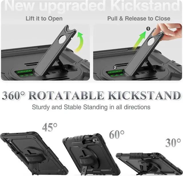 Alt view image 7 of 7 - JAENFONG Protective Case for Galaxy Tab S10 FE Plus 13.1-inch 2025, Rugged Shockproof Galaxy Tab S10FE+ Case with 360°Rotating Kickstand/S-Pen Holder/Hand Strap/Shoulder Strap, Black