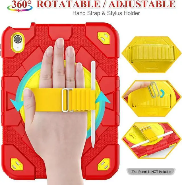 Alt view image 4 of 7 - Pad 10th Generation Case 10.9'', Full-Body Drop Protection Case with Meshdesign Screen Protector Pen Holder [360° Rotate Hand Strap/Stand] for Pad 10th Generation 10.9 inch(Red+Yellow)