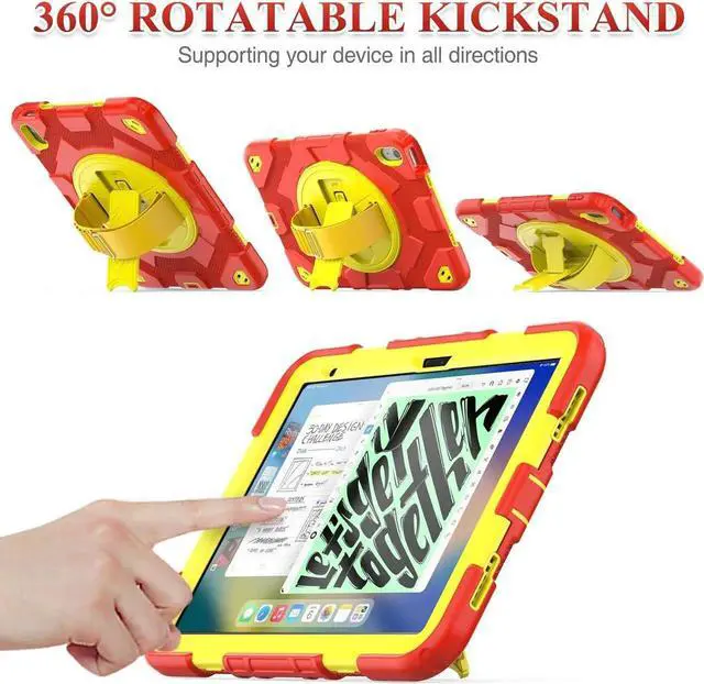 Alt view image 2 of 7 - Pad 10th Generation Case 10.9'', Full-Body Drop Protection Case with Meshdesign Screen Protector Pen Holder [360° Rotate Hand Strap/Stand] for Pad 10th Generation 10.9 inch(Red+Yellow)
